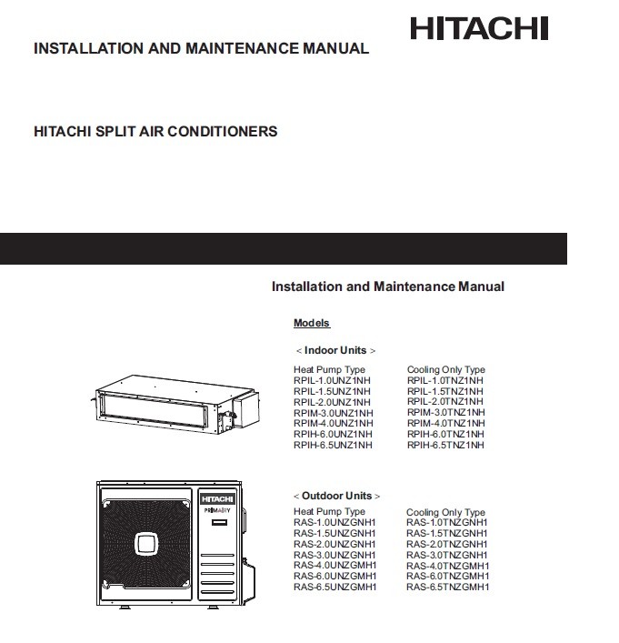 Hitachi 大型分體式說明書| 安裝和技術目錄